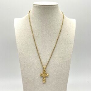 Gold Textured Cross Pendant Necklace Religious Jewelry Minimalist Chain